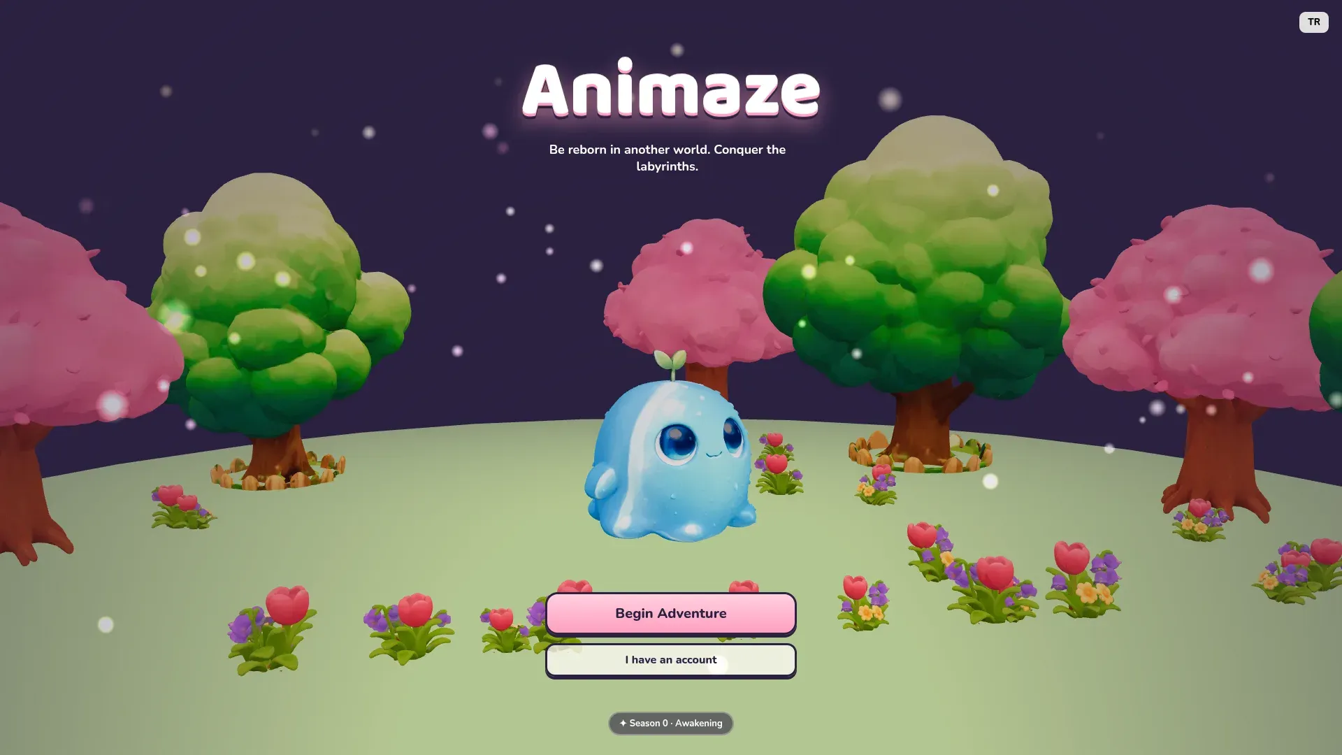 The Animaze title screen. Pink and green trees under a purple night sky, a blue slime among the flowers, the "Animaze" logo at the top and a "Begin Adventure" button below.