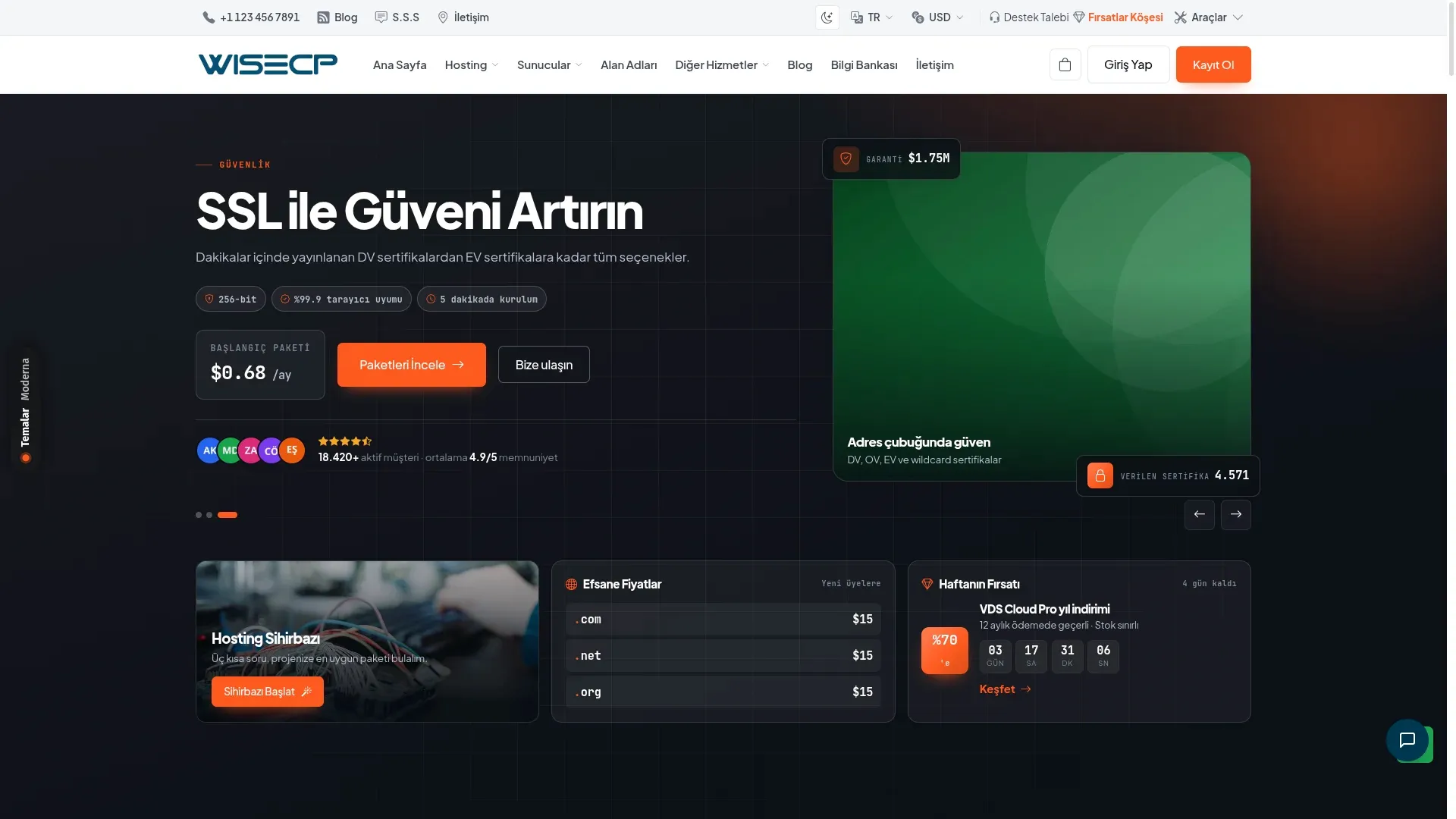The home page of the Moderna WiseCP theme. On a dark background, the headline "Build trust with SSL", a starting price and an orange button, with a visual wrapped in floating info cards on the right; wizard, price and deal tiles below.