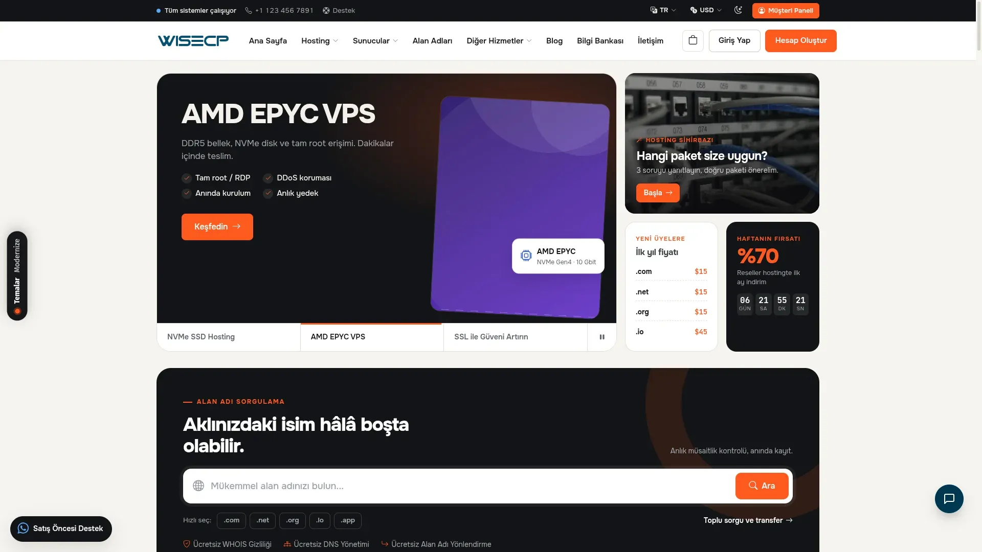 Modernize WiseCP temasının ana sayfası. Koyu bir kutuda "AMD EPYC VPS" slaytı, yanında hosting sihirbazı, ilk yıl alan adı fiyatları ve geri sayımlı "%70" fırsat kutusu.